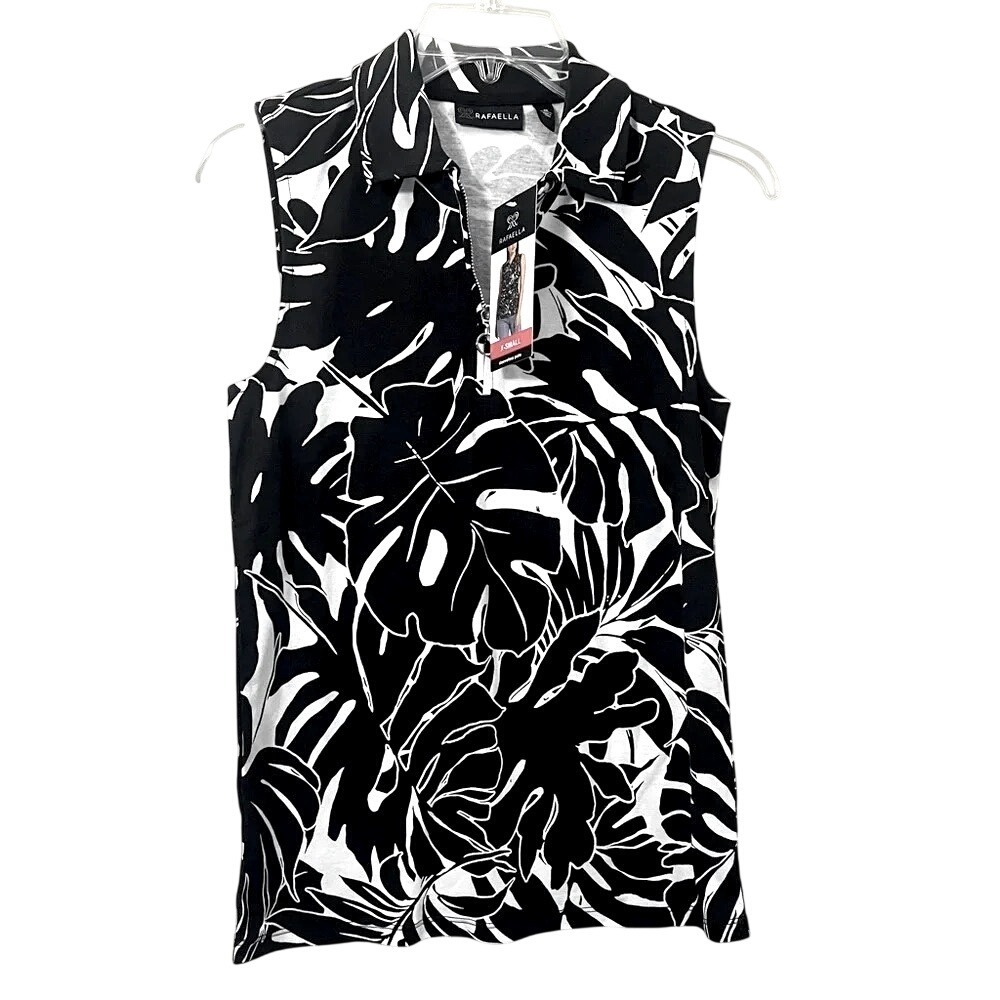 Rafaella Womens Black White Tropical Monstera Leaf Sleeveless Polo Top XS